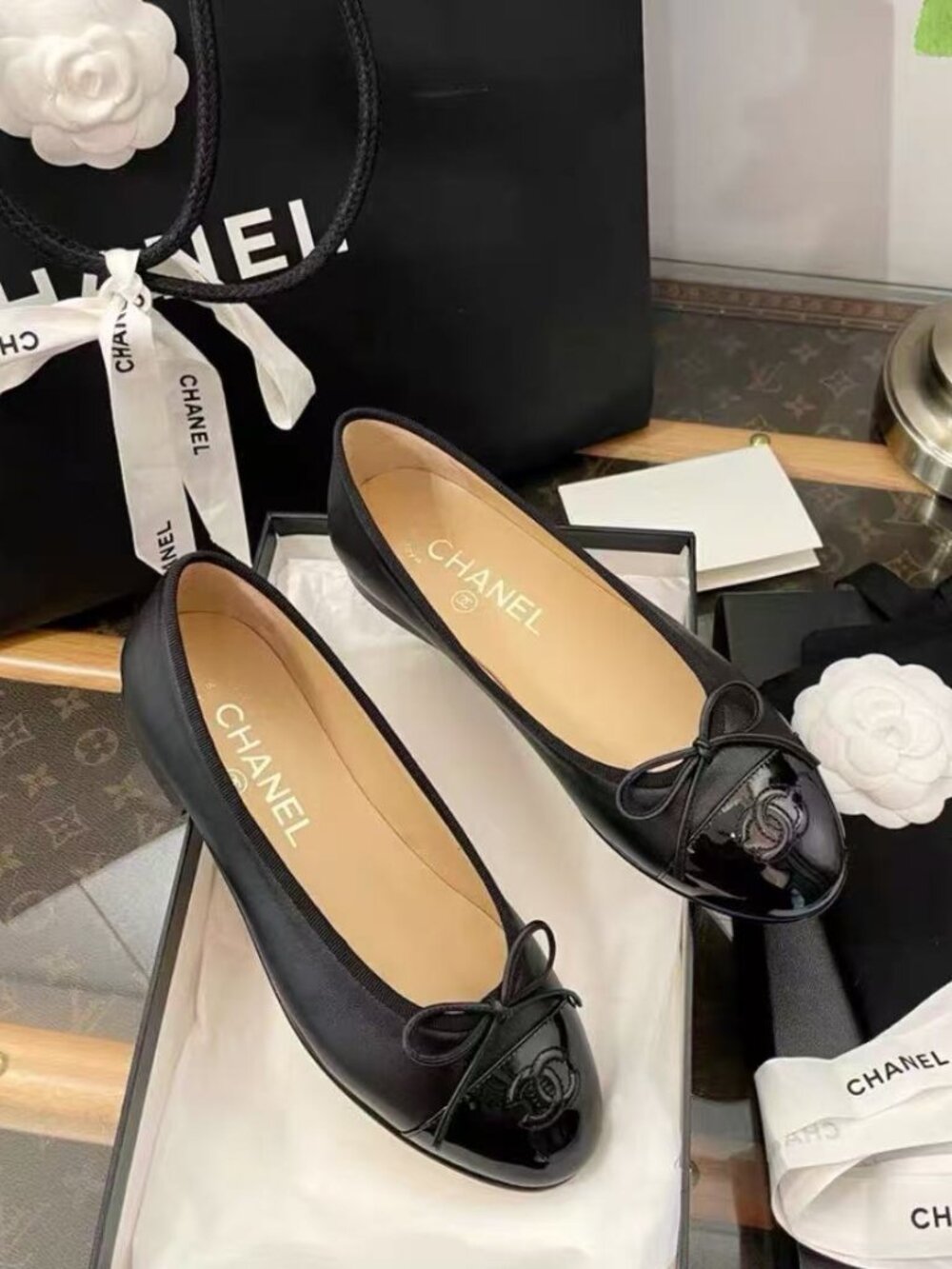 Chanel Black Satin Patent Cap Toe Ballet Flats